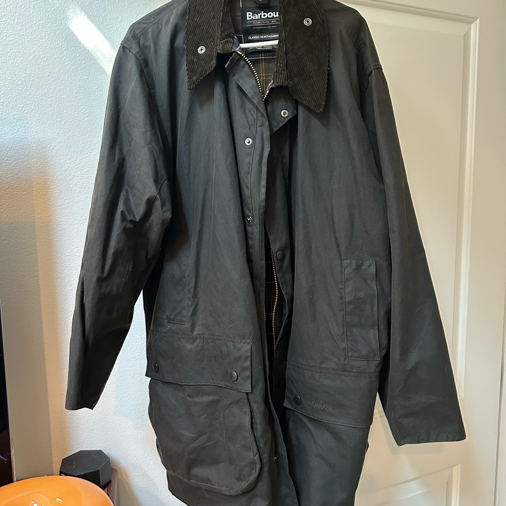 Barbour Black Waxed Cotton Raincoat with Corduroy Collar